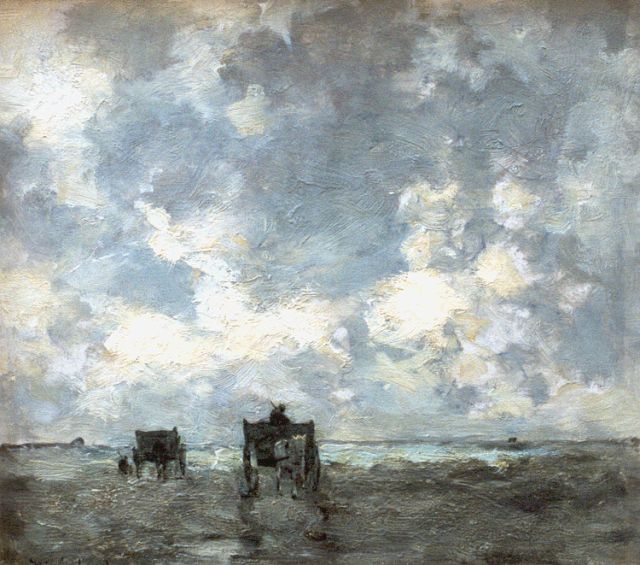 Jan Hendrik Weissenbruch | Strandgezicht met schelpenvissers, olieverf op paneel, 26,8 x 29,2 cm, gesigneerd l.o. en gedateerd 1902