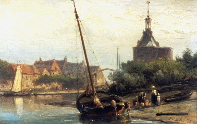Jan H.B. Koekkoek | Haveningang van Enkhuizen met de Drommedaris, olieverf op paneel, 10,9 x 16,4 cm, gesigneerd r.o. met initialen en gedateerd '80