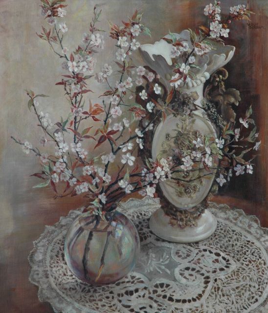 Wout Schram | Stilleven met bloesemtak, olieverf op doek, 75,0 x 65,0 cm, gesigneerd r.b.