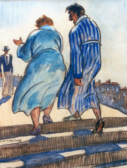 Willy Sluiter | Badgasten te Scheveningen, zwart krijt en aquarel op papier, 47,3 x 37,0 cm, gesigneerd l.o.
