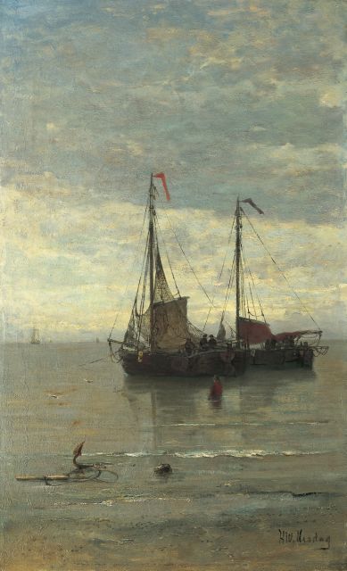 Hendrik Willem Mesdag | Twee bommen voor anker, olieverf op doek, 78,7 x 48,3 cm, gesigneerd r.o.