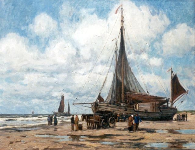 Wilhem Hambüchen | Vissersboot met figuren op het strand, olieverf op doek, 61,4 x 79,0 cm, gesigneerd r.o.