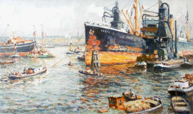 Evert Moll | Schepen in de Rotterdamse haven, olieverf op doek, 60,6 x 101,0 cm, gesigneerd l.o.