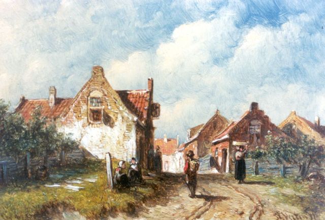 Petrus Gerardus Vertin | Dorpsgezicht met figuren op een zandweg, olieverf op paneel, 10,0 x 14,5 cm, gesigneerd r.o. en gedateerd '71