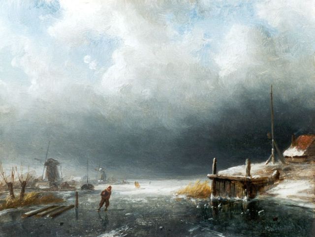 Charles Leickert | IJsgezicht bij opkomende storm, olieverf op paneel, 13,6 x 18,0 cm, gesigneerd r.o.