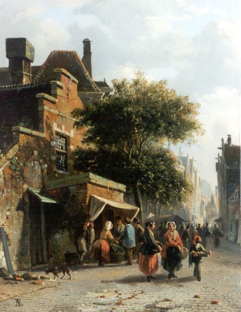 Adrianus Eversen | Marktdag, olieverf op paneel, 27,8 x 21,7 cm, gesigneerd l.o. met monogram