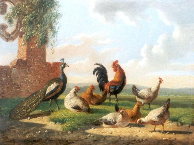 Albertus Verhoesen | Pluimvee bij een ruïne, olieverf op paneel, 13,2 x 17,5 cm, gesigneerd l.o. en gedateerd 1874
