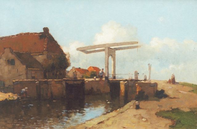 Aris Knikker | Gezicht op een sluisje met ophaalbrug, olieverf op doek, 40,2 x 60,2 cm, gesigneerd l.o.