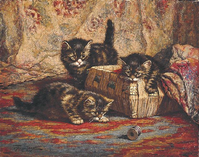 Cornelis Raaphorst | Drie spelende poesjes, olieverf op doek, 40,1 x 50,4 cm, gesigneerd l.o.