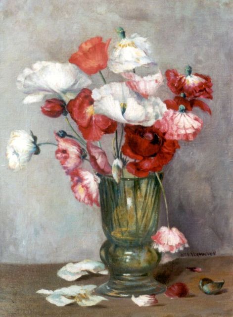 Leen Verhoeven | Stilleven met klaprozen in een glazen vaas, olieverf op doek, 40,3 x 30,5 cm, gesigneerd r.o.