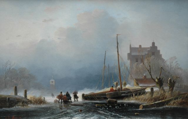 Cornelis Petrus 't Hoen | IJsgezicht met op de wal getrokken platbodem, olieverf op paneel, 28,1 x 43,5 cm, gesigneerd l.o. en gedateerd '50
