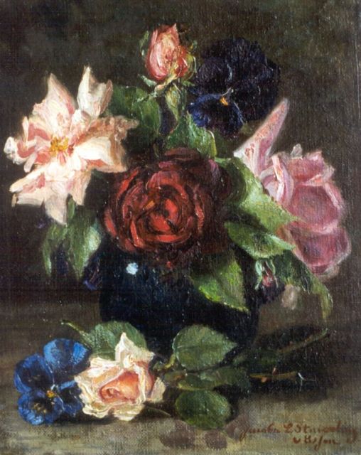 Jacoba L. van Essen | Stilleven met rozen, olieverf op doek, 25,2 x 20,2 cm, gesigneerd r.o.
