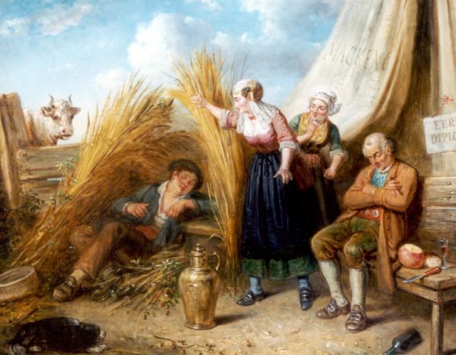 Henricus Engelbertus Reijntjens | Betrapt bij het middagdutje, olieverf op doek, 55,4 x 68,0 cm, gesigneerd r.o.