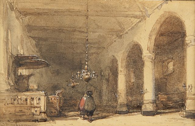 Johannes Bosboom | De Bakenesserkerk in Haarlem; zijbeuk met preekstoel, aquarel op papier, 9,0 x 13,8 cm, gesigneerd l.o.