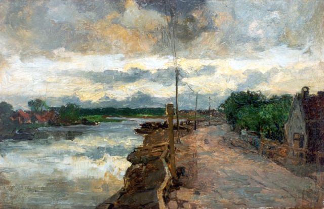 Johan Hendrik van Mastenbroek | Buiige avond, Schiedam, olieverf op doek, 21,2 x 32,9 cm, gesigneerd r.o. en gedateerd 1905