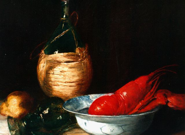 Antoine Vollon | Stilleven met kreeft en chiantifles, olieverf op doek, 38,5 x 46,5 cm, gesigneerd r.o.
