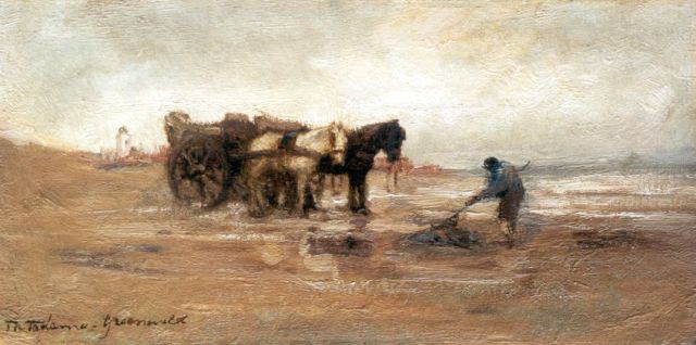 Tamine Tadama-Groeneveld | Schelpenvisser op het strand van Katwijk, olieverf op doek, 16,0 x 31,9 cm, gesigneerd l.o.