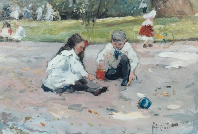 August van Voorden | Spelende kinderen in een park, olieverf op board, 22,5 x 32,5 cm, gesigneerd r.o. met initialen