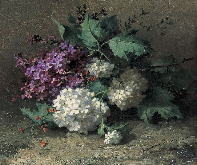 Margaretha Roosenboom | Boeket met seringen en sneeuwbal op bosgrond, olieverf op doek op paneel, 26,3 x 31,1 cm, gesigneerd r.o.