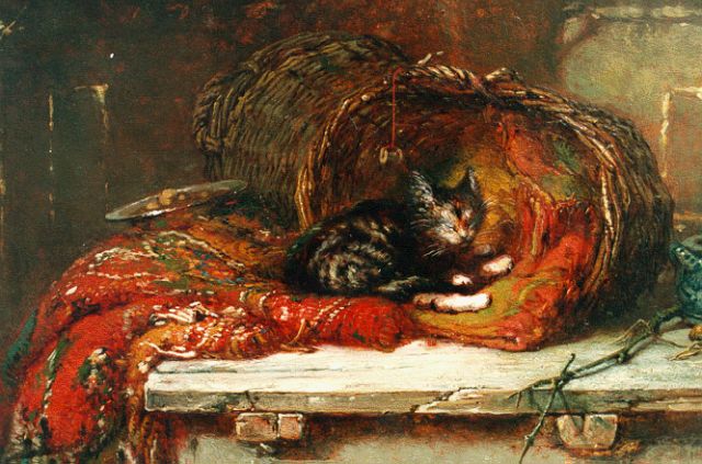 Maria Vos | Stilleven met poes, manden en Perzisch tapijt, olieverf op paneel, 22,8 x 30,4 cm
