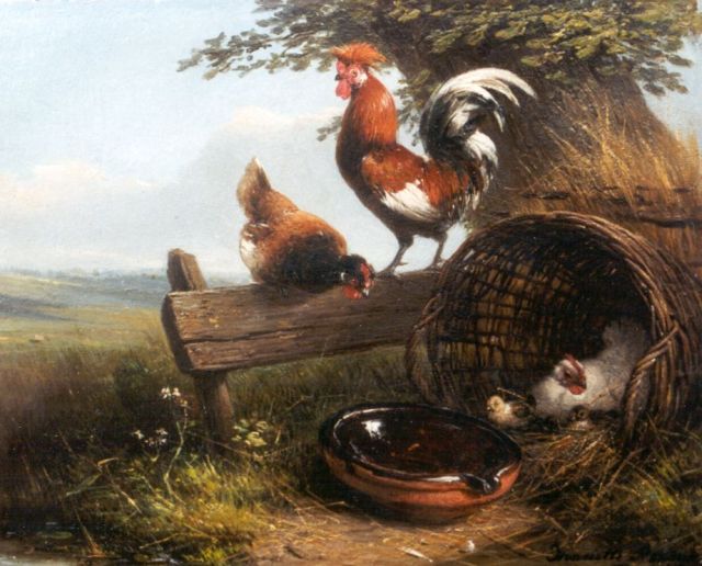 Henriette Ronner-Knip | Pluimvee bij een mand, olieverf op paneel, 20,6 x 25,8 cm, gesigneerd r.o.