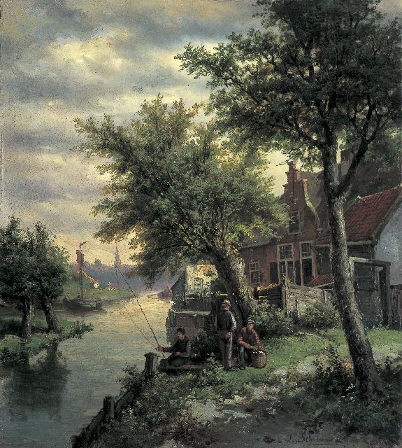 Lion Schulman | Hengelaars langs de Gooise Vaart, Hilversum, olieverf op doek, 67,5 x 60,0 cm, gesigneerd r.o. en gedateerd 1880