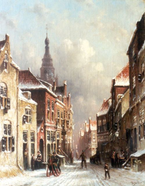 Petrus Gerardus Vertin | Winters stadsgezicht met kerk en figuren, olieverf op doek, 45,0 x 36,2 cm, gesigneerd r.o. en gedateerd '83