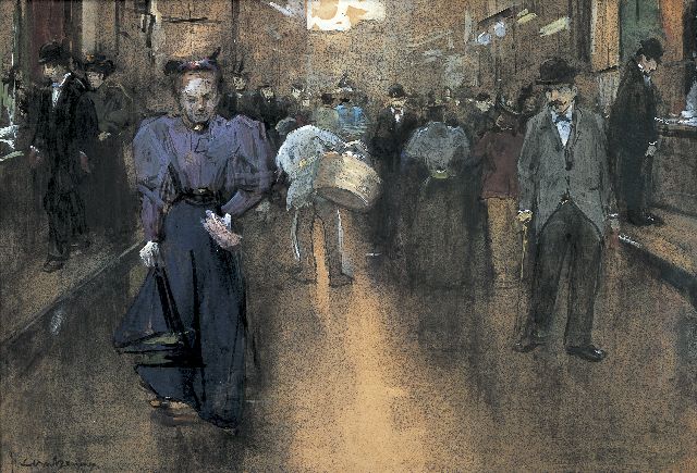 Floris Arntzenius | De Spuistraat in Den Haag, zwart krijt, aquarel en gouache op papier, 28,0 x 41,5 cm, gesigneerd l.o.