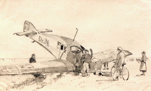 Cornelis Vreedenburgh | Noodlanding, tekening op papier, 13,0 x 21,0 cm, gesigneerd r.o. en gedateerd 1923