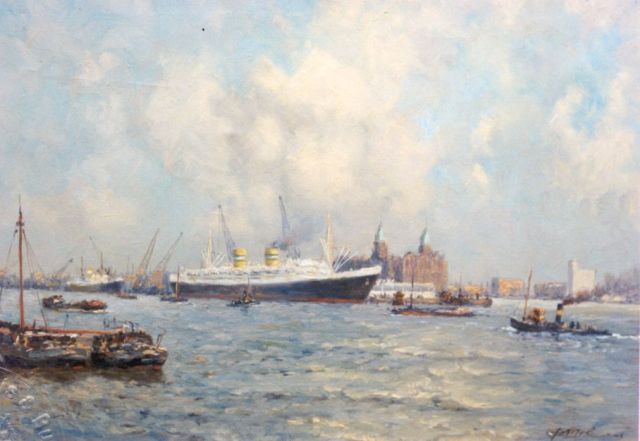 Joop Molenaar | Gezicht op de Maas te Rotterdam met het H.A.L. gebouw, olieverf op doek, 50,4 x 70,8 cm, gesigneerd r.o.
