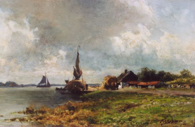 Piet Schipperus | Riviergezicht met afgemeerde hooischuit, 31,5 x 49,8 cm, gesigneerd r.o. en gedateerd 1920