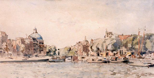 Cornelis Vreedenburgh | Amsterdamse haven met Lutherse kerk, aquarel op papier, 25,0 x 48,0 cm, gesigneerd r.o.