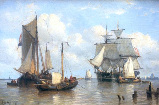 George Willem Opdenhoff | Schepen voor anker, olieverf op paneel, 14,8 x 22,0 cm, gesigneerd l.o.