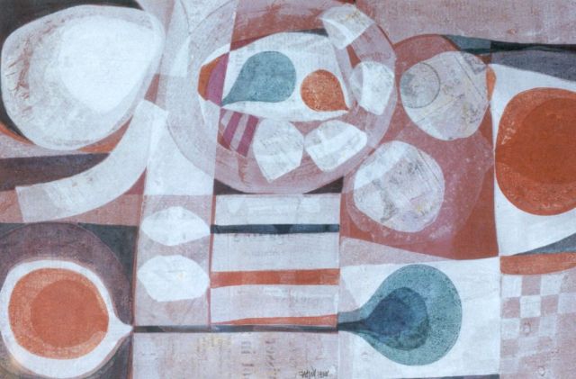 Hans van der Lek | Stilleven, gemengde techniek op papier, 30,5 x 45,5 cm, gesigneerd m.o. met monogram en gedateerd 1968