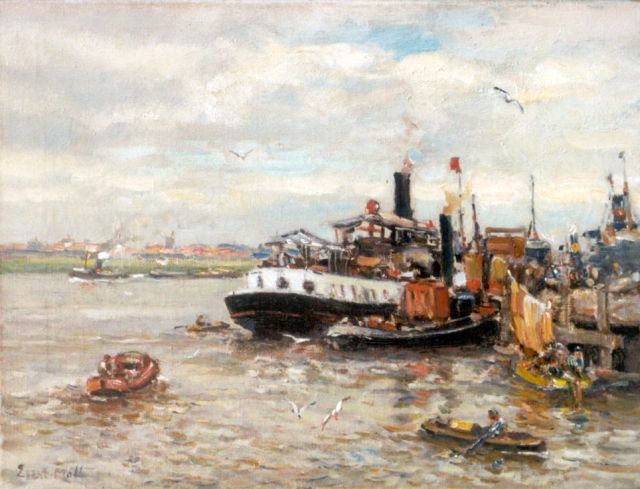 Evert Moll | Passagiersdienst en sleepboten aan een kade, olieverf op doek, 30,5 x 40,5 cm, gesigneerd l.o.