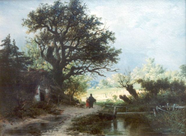 Remigius Adrianus Haanen | Boerderij aan een slootje met figuurtjes, olieverf op paneel, 12,4 x 16,4 cm, gesigneerd l.o. met monogram