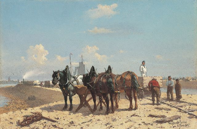Wouter Verschuur jr. | De aanleg van het Noordzeekanaal, olieverf op paneel, 17,8 x 26,8 cm, gesigneerd r.o. en gedateerd 2 juni 1867