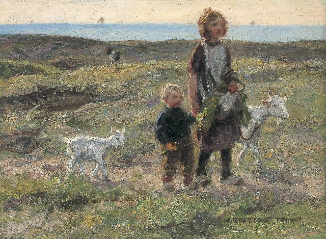 Jan Zoetelief Tromp | Met de geitjes huiswaarts, olieverf op paneel, 24,5 x 33,5 cm, gesigneerd r.o.