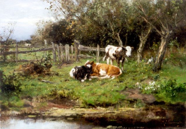 Johan Frederik Cornelis Scherrewitz | Kalveren aan het water, olieverf op doek, 35,0 x 50,3 cm, gesigneerd r.o.