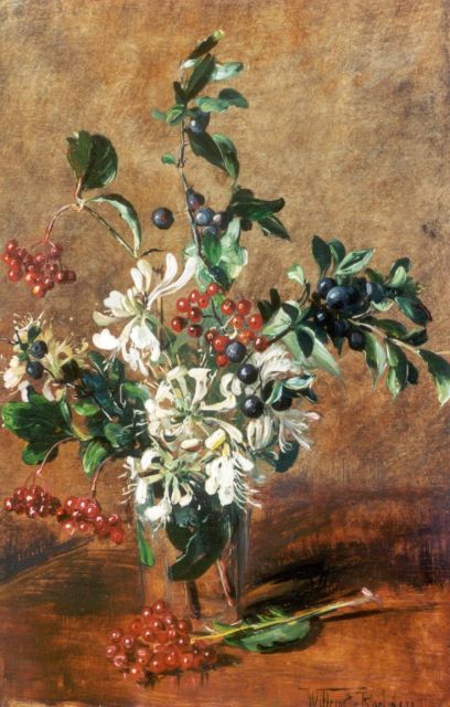 Willem Elisa Roelofs jr. | Bloemstilleven met kamperfoelie en bessen, olieverf op paneel, 45,2 x 30,1 cm, gesigneerd r.o.