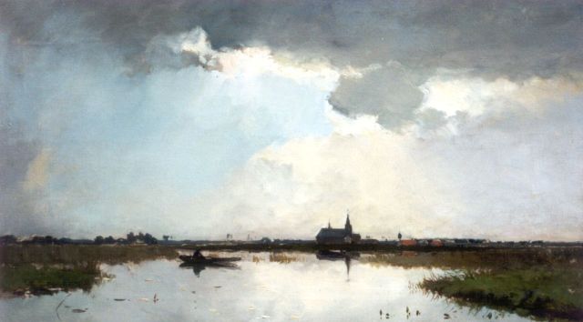 Willem Weissenbruch | Plasgezicht met visser, een kerk aan de einder, olieverf op doek, 35,4 x 60,3 cm, gesigneerd l.o.