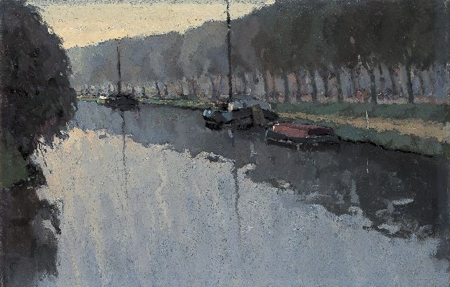 Raoul Hynckes | Afgemeerde schepen aan de Drentse Hoofdvaart, olieverf op doek, 64,7 x 100,7 cm, te dateren ca. 1915