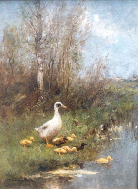Constant Artz | Moedereend met haar kroost, olieverf op paneel, 24,1 x 17,8 cm, gesigneerd l.o.