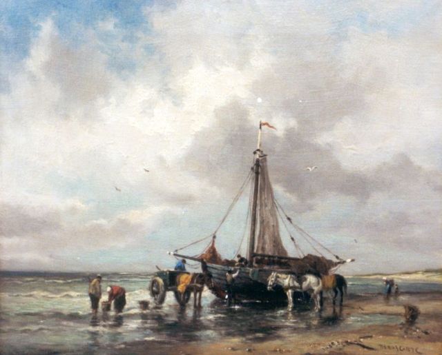 Dorus Artz | Strandgezicht met bomschuit en schelpenvissers, olieverf op doek, 25,5 x 30,6 cm, gesigneerd r.o.