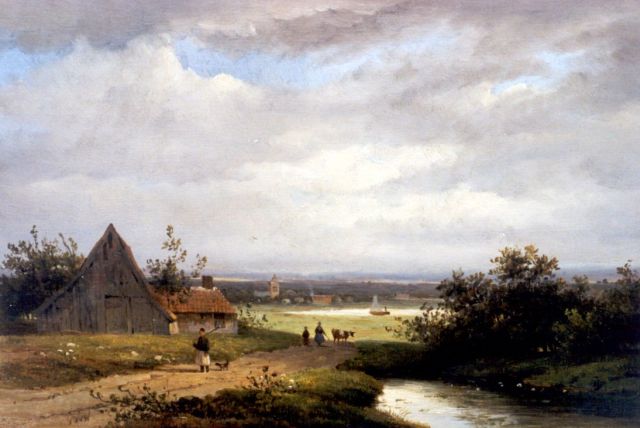 Johannes Pieter van Wisselingh | Landschap met boerderij en landvolk, olieverf op paneel, 23,4 x 34,2 cm, gesigneerd l.o. met monogram