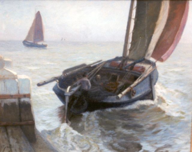 A.P. Schotel | Uitvarende Volendamse botter, olieverf op doek, 80,0 x 100,0 cm, gesigneerd l.o.