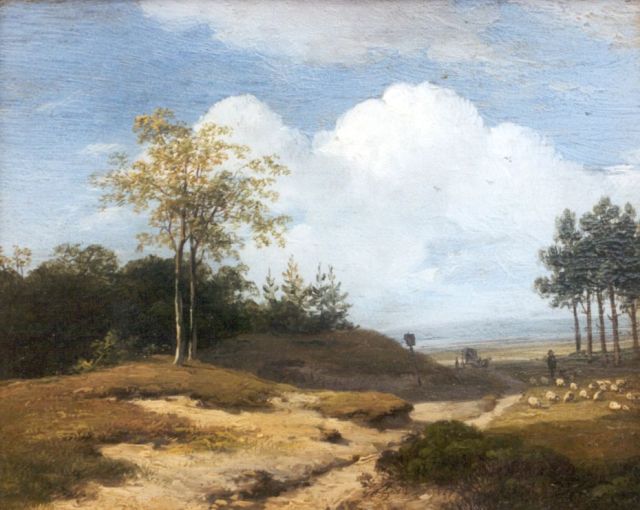 Andreas Schelfhout | Zomerlandschap met een herder en zijn kudde, olieverf op paneel, 12,8 x 16,0 cm, gesigneerd l.o.