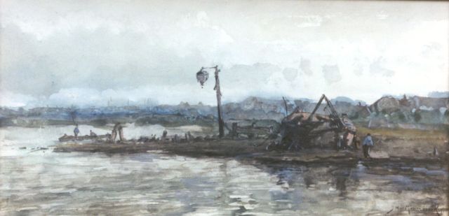 Johan Hendrik van Mastenbroek | Waterkant met hijsvuur, aquarel op papier, 17,1 x 34,2 cm, gesigneerd r.o. en gedateerd '97