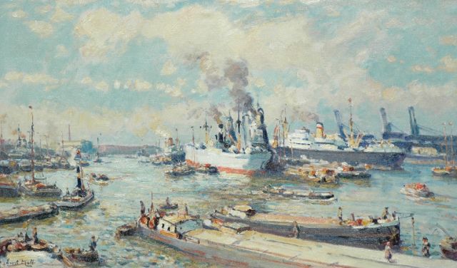 Evert Moll | Rotterdams havengezicht, olieverf op doek, 60,2 x 100,2 cm, gesigneerd l.o.