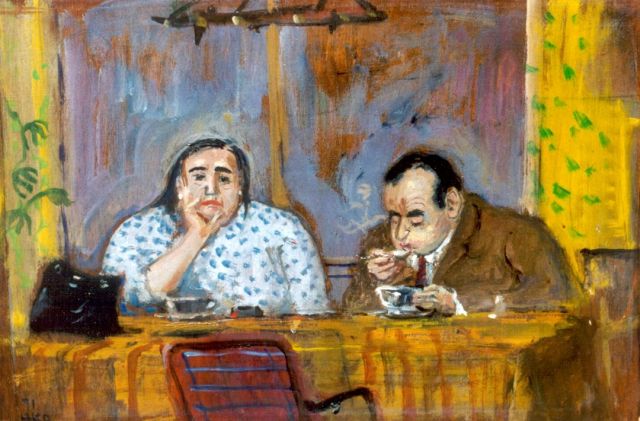 Harm Kamerlingh Onnes | Aan tafel, olieverf op paneel, 18,7 x 28,1 cm, gesigneerd l.o. mon en gedateerd '71